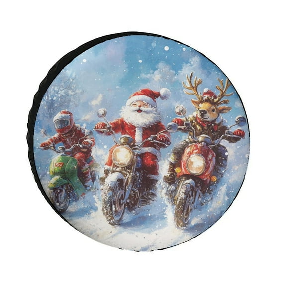 Heavy Duty Spare Tire Cover 15inch Santa Claus And Reindeer Riding Motorcycle Weatherproof Universal Wheel Protectors Xmas Holiday Decor Universal Fit for Trailer SUV Truck Camper Travel Trailers