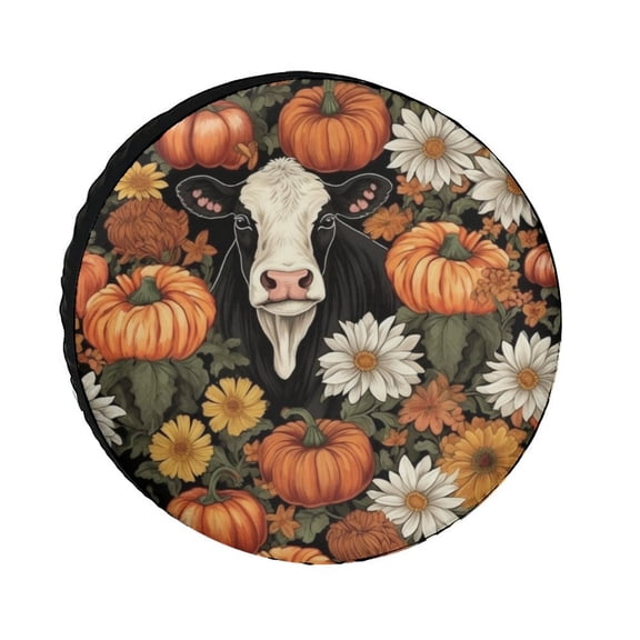 Heavy Duty Spare Tire Cover Flowers Cow Fall Pumpkins Waterproof Polyester Wheel Protectors Wheel Covers Autumn Thanksgiving Pumpkin Tire Cover Universal for Trailer SUV Truck Camper Travel 12inch