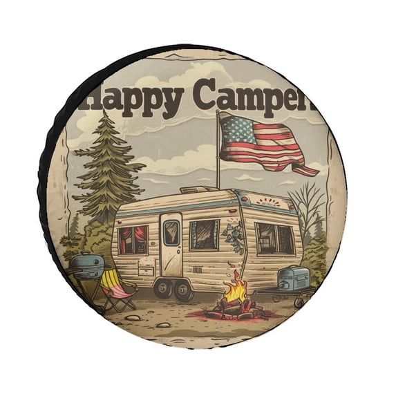 Heavy Duty Spare Tire Cover Happy Campers Waterproof Polyester Wheel Protectors Wheel Covers Vintage Decorative Camping Tire Cover for Fit for SUV Truck Travel Trailer 15 Inch