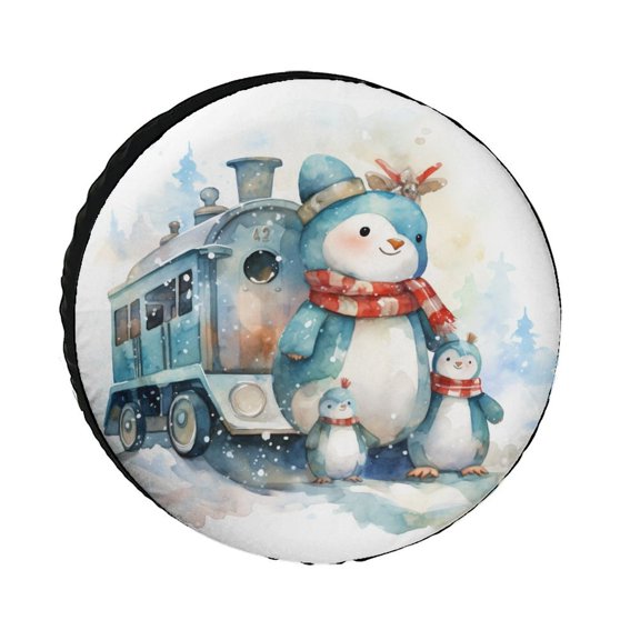 Heavy Duty Spare Tire Cover Painting of A Train with Teddy Bears And Penguins It's Snowing Weatherproof Universal Wheel Protectors Christmas Tire Cover for Camper Trailer Truck SUV Universal 12inch