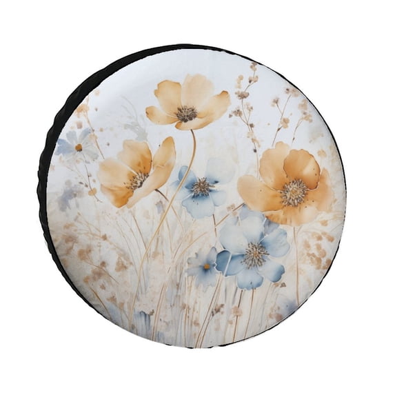 Heavy Duty Spare Tire Cover Painting of White, Blue And Brown Flowers Wheel Protectors Tyre Covers Weatherproof Wheel Covers Watercolor Flower Tire Cover Fit for SUV Truck Travel Trailer 13inch