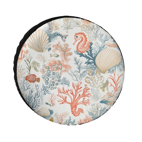 Heavy Duty Spare Tire Cover Underwater Seahorse with Shells And Corals Weatherproof Universal Wheel Protectors Beach Ocean Seashell Themed Tire Cover for Travel Trailer Camper Truck SUV Camper 12inch