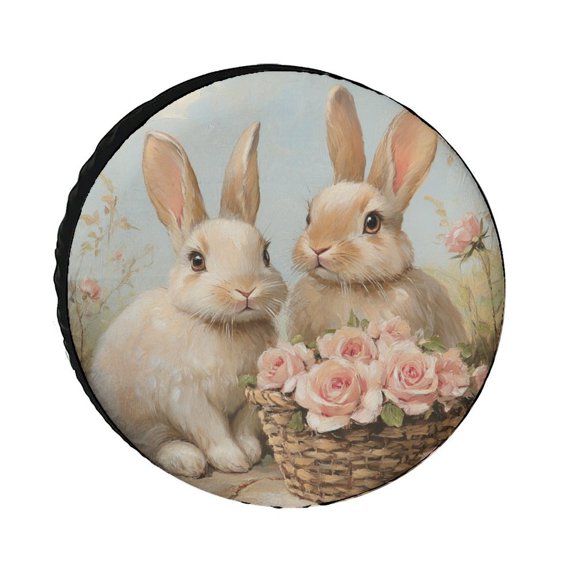Heavy Duty Spare Tire Cover Vintage Bunny & Floral Basket Waterproof Polyester Wheel Protectors Wheel Covers Rabbit Bunny Floral Leaves Tire Cover Universal for Trailer SUV Truck Camper Travel 12inch