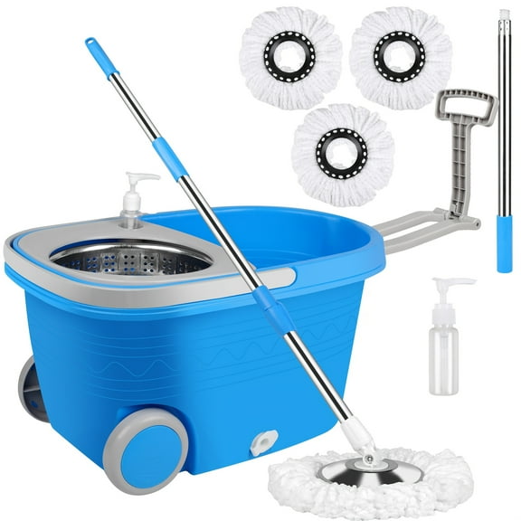 Heavy-Duty Spin Mop & Bucket Wringer on Wheels - 360 System with 3 Microfiber Heads & 61 Adjustable Stainless Steel Handle for Vinyl Floors