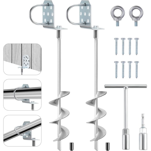 Heavy Duty Spiral Ground Anchors 20" with L-Brackets & Drill Adapter, Fully Welded Earth Anchor for Storage Sheds, Trampoline, Fence, Carports