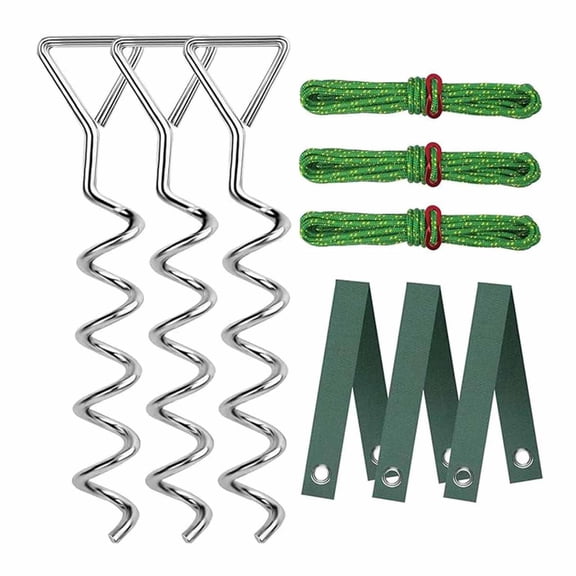 Heavy Duty Spiral Ground Stakes Tree Stake Support Anchoring Kit With Spiral Stakes, Green Ropes, Tree Straps - For Securing Trees, Plants, Gardens, Camping Tents, Outdoor