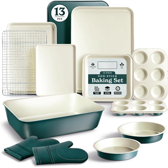 Heavy Duty Stackable Nonstick Bakeware Set - Durable Easy Release Baking Set Cream 13 Pieces