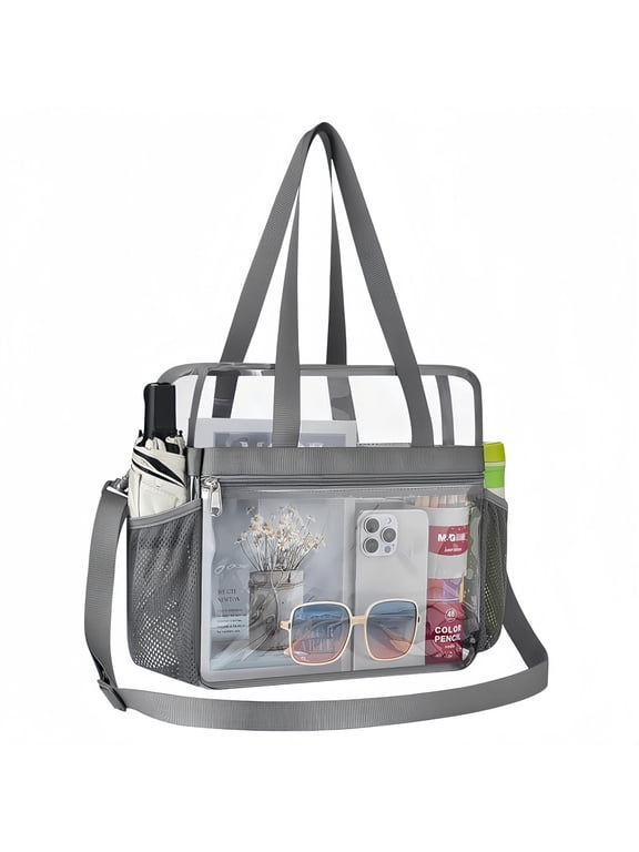 Heavy Duty Stadium Approved Clear Shoulder Tote Bag, Large Transparent Travel Storage Bag for Sports Events, Office Work & Daily School Use, Gray