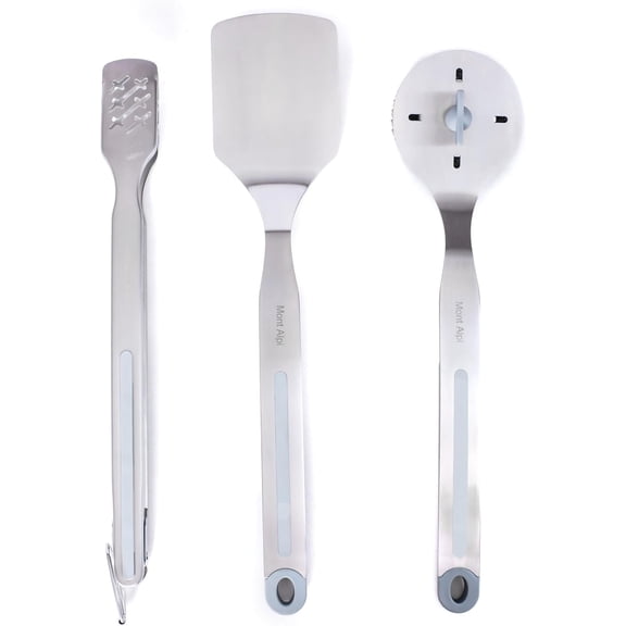 Heavy Duty Stainless Steel 3 Piece Tool Kit with Double Cleaning Brush - Outdoor Barbecue Grilling Accessory Set - Lockable Tongs, Solid Head Spatula & Grill Brush with Extra Scrub Head