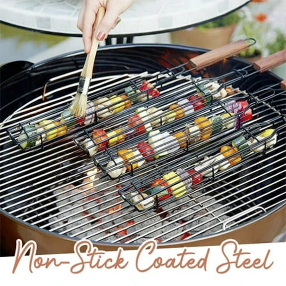 Heavy Duty Stainless Steel BBQ Grill Basket with Skewers - Lockable Vegetable Meat Seafood Grilling Tray for Camping Outdoor Cooking - 1 Pack with Kabob Skewer