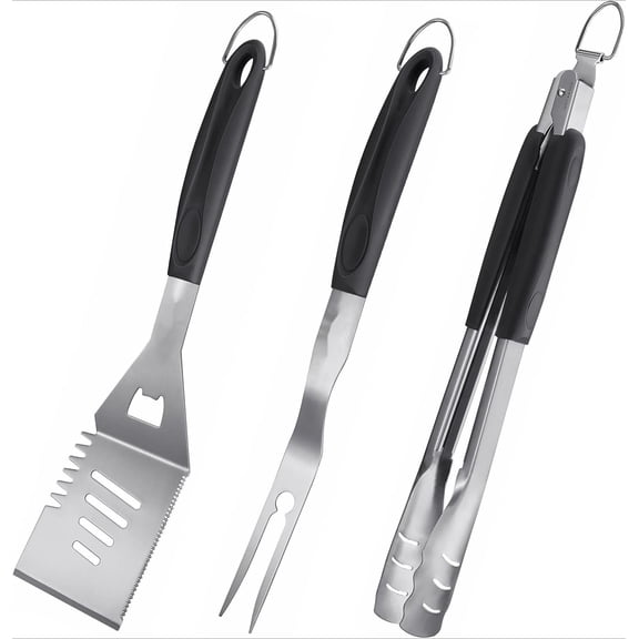 Heavy-Duty Stainless Steel BBQ Grill Utensil Set, 3-Piece Outdoor Barbecue Tools Kit with Spatula, Fork and Tongs, Ideal Grilling Gift for All Grilling Enthusiasts