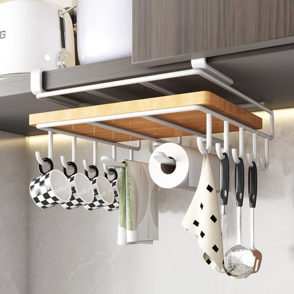 Heavy-Duty Stainless Steel Under Cabinet Organizer Rack - Wall-Mounted Space-Saving Shelf with Multiple Hooks for Kitchen Utensils, Towels, Cups & Cutting Boards - Easy Install, Kitchen, Bathroom