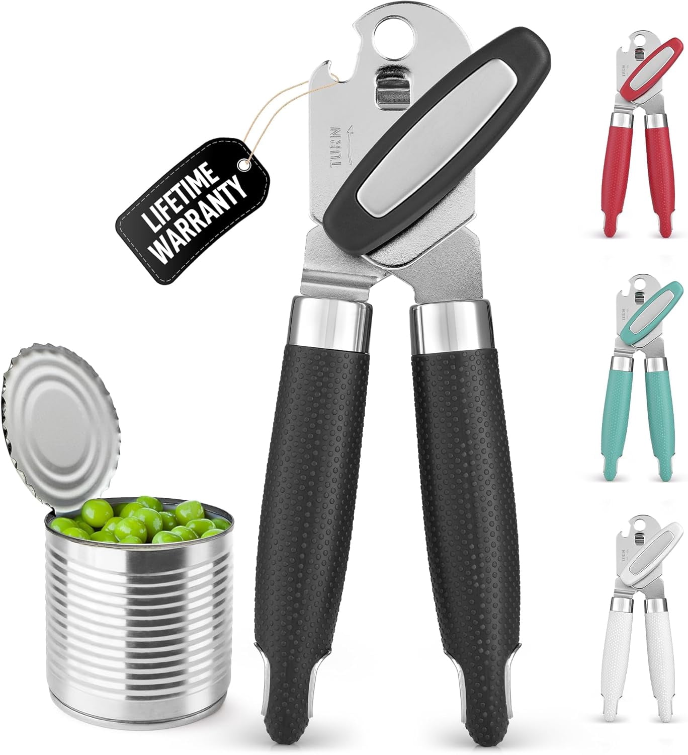 Heavy Duty Stainless Steel Can Opener Manual with Large Bottle Opener - Manual Can Opener with Turn Knob with Soft Grip Handles - Black