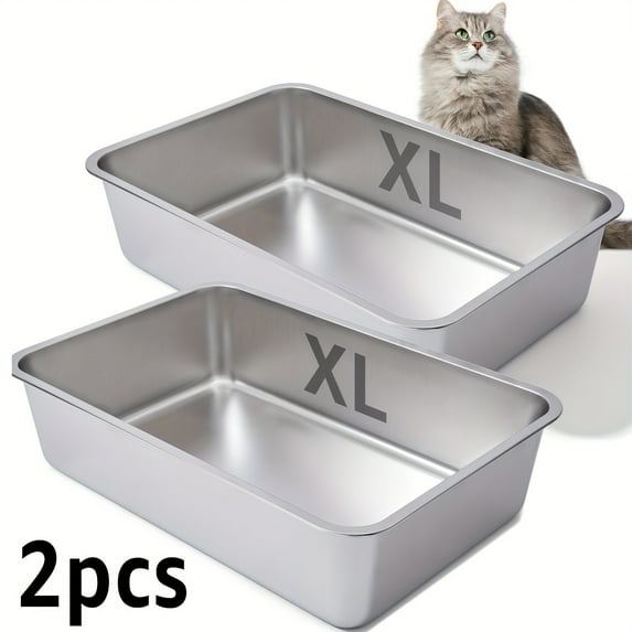 Heavy-Duty Stainless Steel Cat Litter Box, 18"x14"x6" Large Metal Tray, Odorless Non-Stick Easy-Clean Surface, Low-Maintenance Pan for Adult & Large Breed Cats