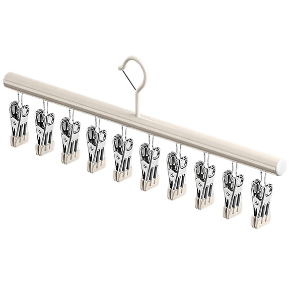 Heavy Duty Stainless Steel Closet Drying Rack with 10 Clips, Space Saving Pant Hanger for Jeans Slacks and Shorts, Durable Metal Clothes Organizer for Skirts and Trousers,Beige