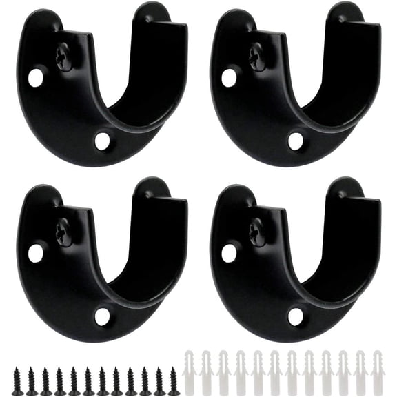 Heavy Duty Stainless Steel Closet Rod Brackets, 1-Inch U-Shaped Wardrobe Pole Socket Flange Holder with Screws, 4 Pack, Black