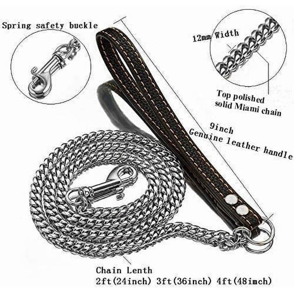 Heavy Duty Stainless Steel Dog Chain Leash, 3FT/4FT/5FT Cuban Link Metal Dog Leashes, for Large Medium Small Dogs, with Genuine Leather Handle (Silver, 3FT)