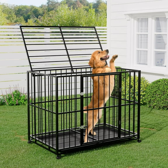 Heavy Duty Stainless Steel Dog Crate for Large & XL Breeds - Indestructible Escape-Proof Kennel with Locking Wheels - Collapsible, Chew-Resistant Indoor/Outdoor Cage with Easy-Clean Removable Tray