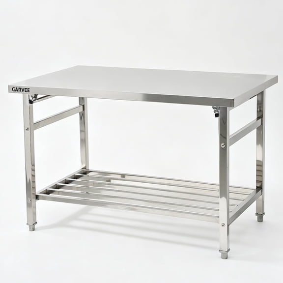 Heavy Duty Stainless Steel Folding Table 48x24x32 Inch, 0.8mm Thick Industrial Workbench with Lower Shelf, Straight Edge Square Legs Prep Table for Commercial Kitchen, Restaurant, Lab, Garage