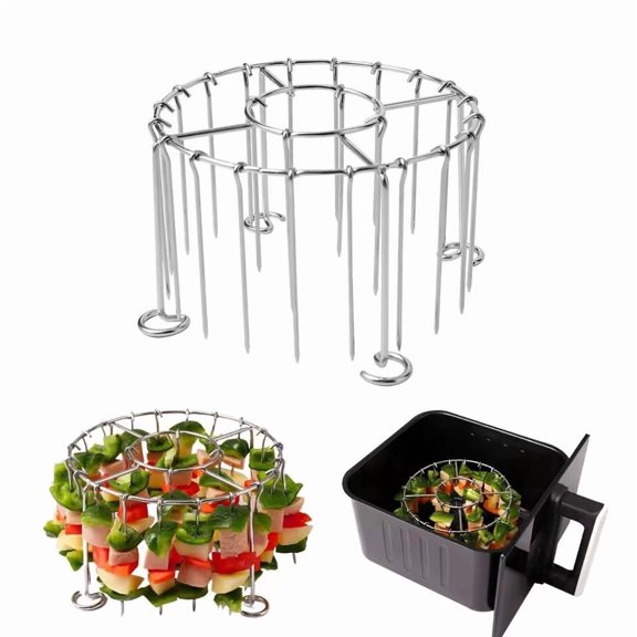 Heavy Duty Stainless Steel Fryer Skewer Rack Vertical Grilling Stand with Skewers 360 Even Heating No Flip Design for Oven BBQ Outdoor Party Home Kitchen Cooking Accessory