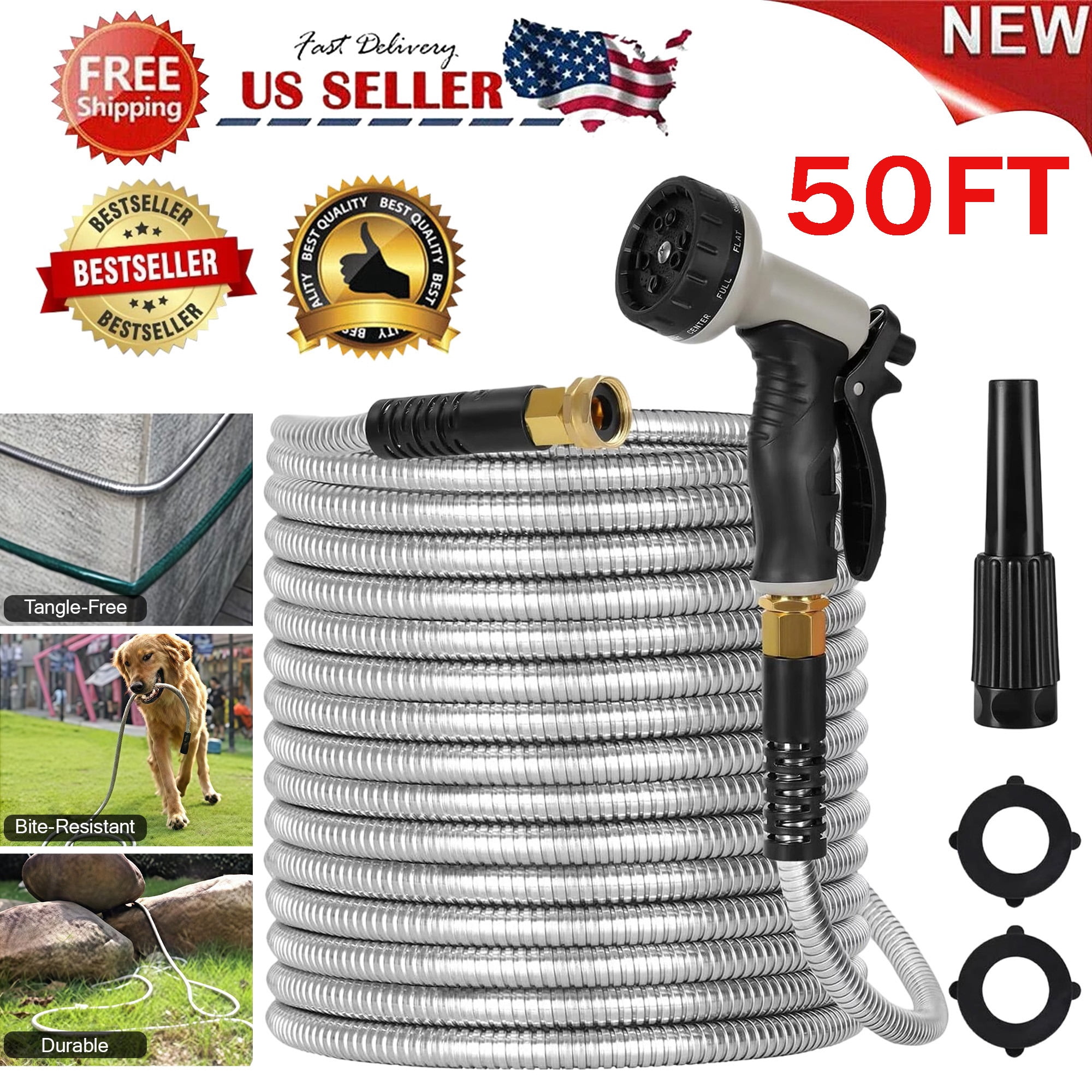 Heavy Duty Stainless Steel Garden Hose – 304 Metal, Kink Proof, Lightweight, Extendable Design for Watering, RV, Pressure Washer (25ft/50ft)