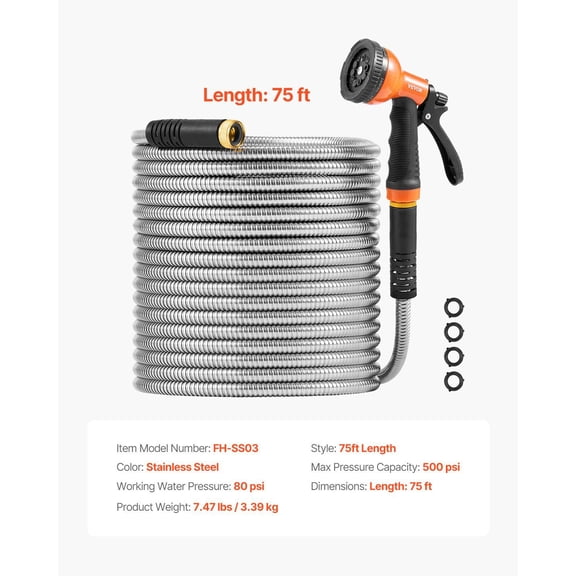 Heavy Duty Stainless Steel Garden Hose 75 ft, 10 Function Nozzle, Anti-Kink Flexible & Lightweight, Rustproof Outdoor Water Pipe
