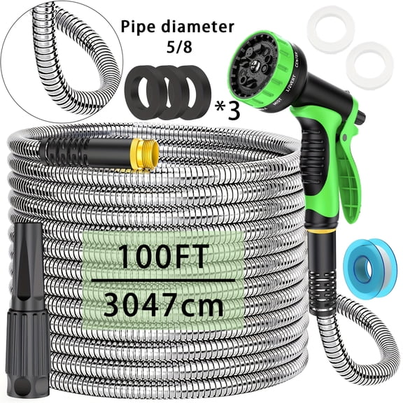 Heavy-Duty Stainless Steel Garden Hose - Leakproof, Kink-Free & Puncture-Resistant. US Standard Threads & All-Season Design for Lawn, Car Wash & Pet Care.