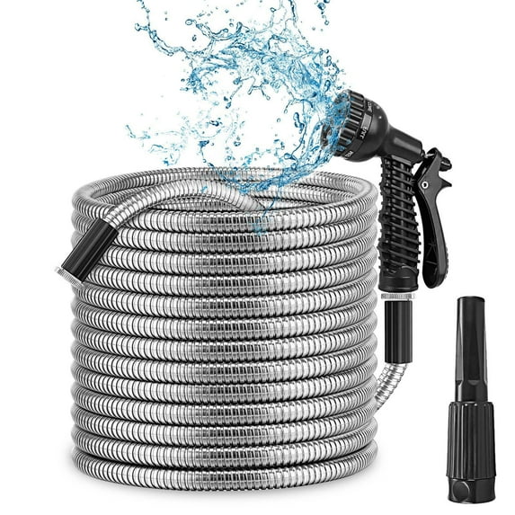 iMounTEK 25ft Garden Watering Hose Kit Stainless Steel, with 2 Nozzles 12 Patterns Flexible Extendable