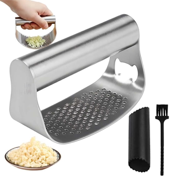 Heavy-Duty Stainless Steel Garlic Press Rocker - Mincer & Crusher with Peeler & Cleaning Brush for Easy Garlic Prep