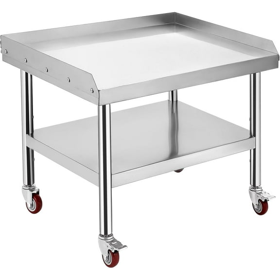 Heavy Duty Stainless Steel Grill Stand Table, Adjustable Legs, 2" Edge Baffle, 24x28x24in, 1000lb Top Shelf, Commercial Kitchen, Silver