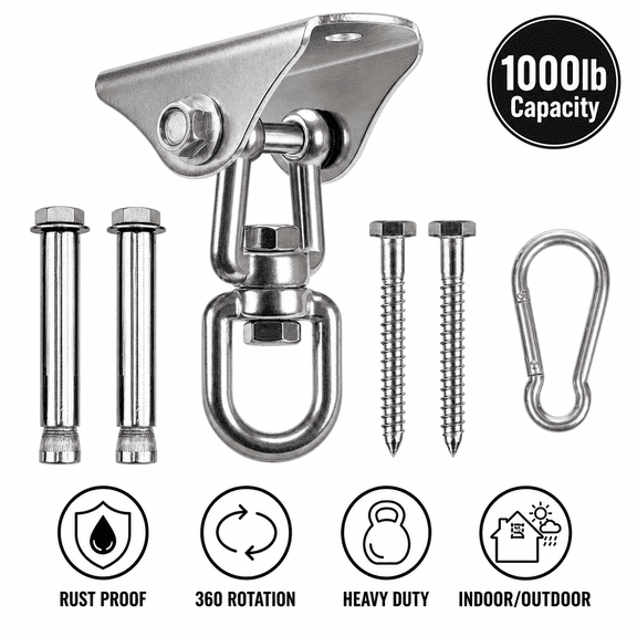 Heavy Duty Stainless Steel Hanging Kit, 1000lb Capacity 360 Rotating Swing Hooks for Hammock, Porch Swing, Yoga Trapeze