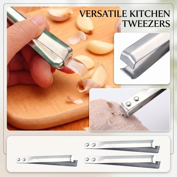 Heavy Duty Stainless Steel Kitchen Tweezers and Garlic Peeler Tool, Multifunctional Food Prep Tweezer for Fish Removal, Poultry Hair, and Culinary Tasks