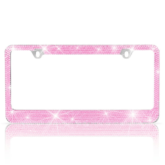 Heavy Duty Stainless Steel Metal Pink Rhinestone Sparkling Crystal Bling License Plate Frame for Women Universal Size Car Truck SUV