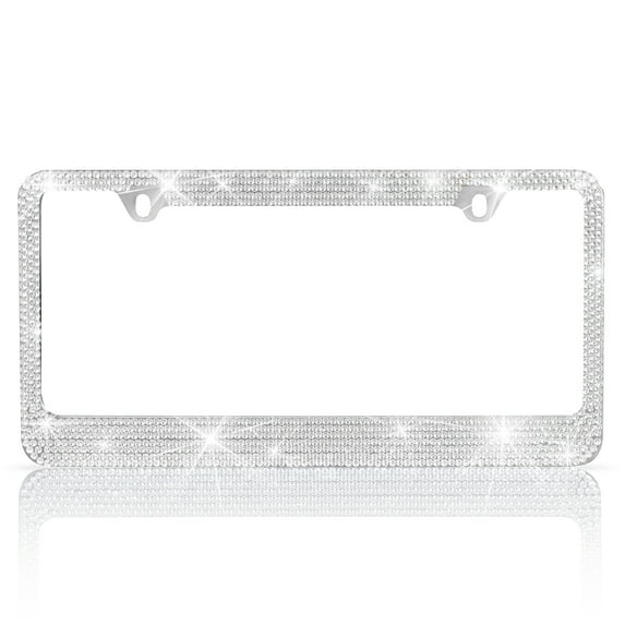 Heavy Duty Stainless Steel Metal Silver Sparkling Crystal Rhinestone Bling License Plate Frame for Women Universal Size Car Truck SUV