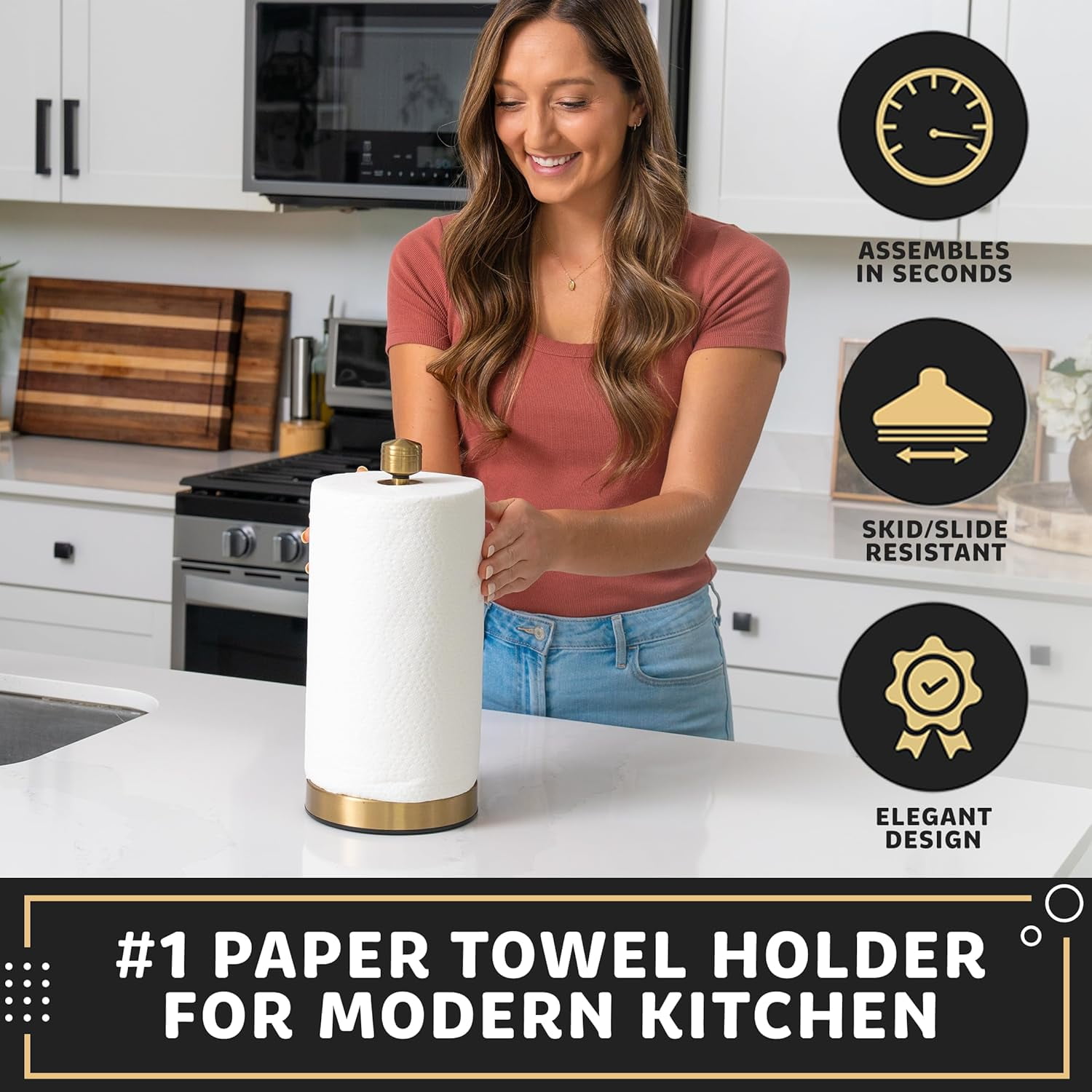 Heavy-Duty Stainless Steel Paper Towel Holder - Easy One-Handed Tear with Suction Cups - Modern Weighted Standing Countertop Dispenser for Kitchen - Holds All Paper Towel Rolls, Gold