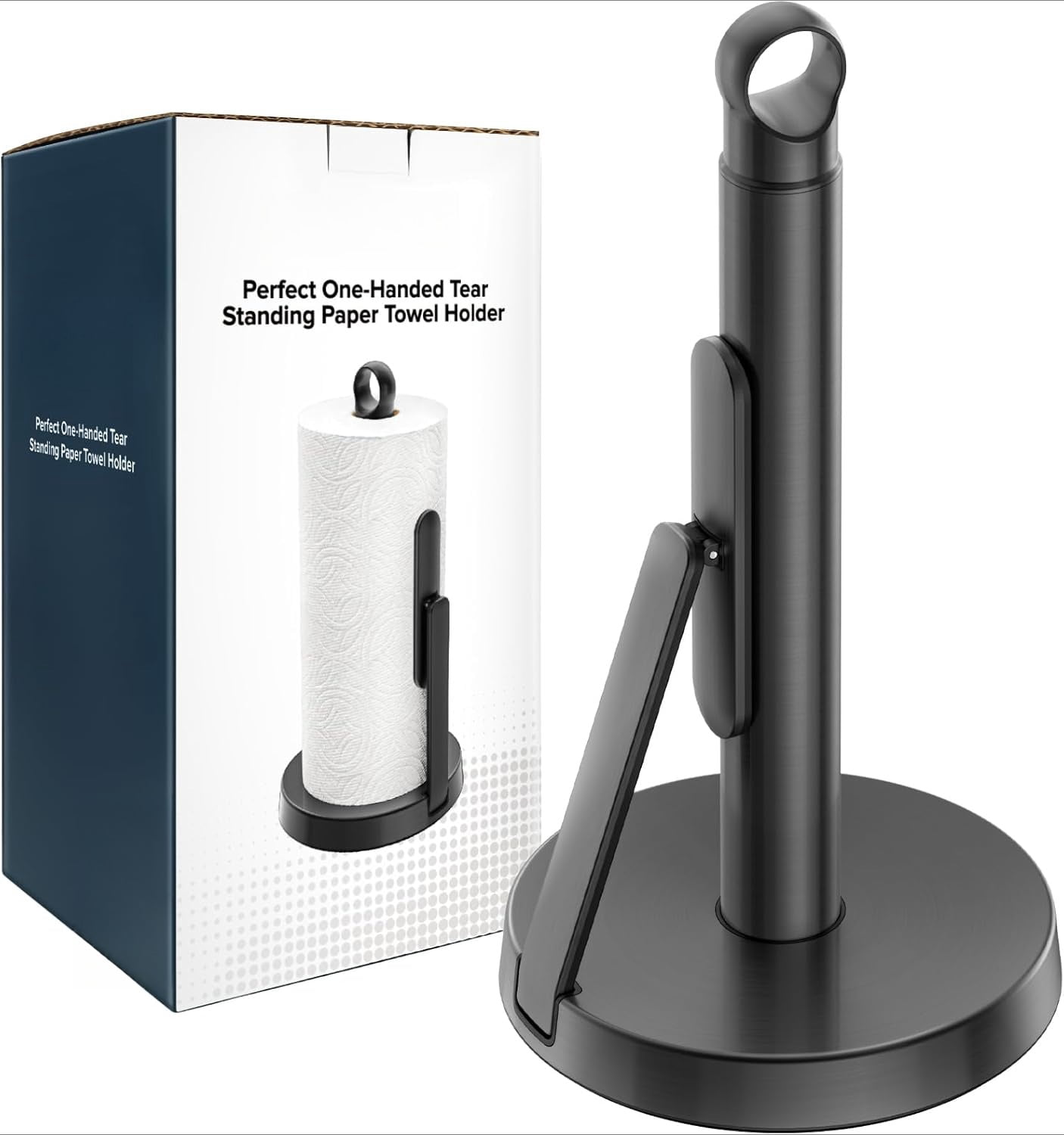 Heavy-Duty Stainless Steel Paper Towel Holder with Tension Arm – Easy One-Handed Tear, Modern Standing Countertop Dispenser for Kitchen, Holds All Paper Towel Rolls (1, White)