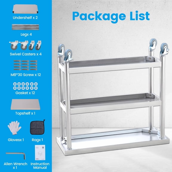 Heavy Duty Stainless Steel Patio Side Table 3-Tier Outdoor Prep Table with Storage Shelf With wheels
size: 14*24*34