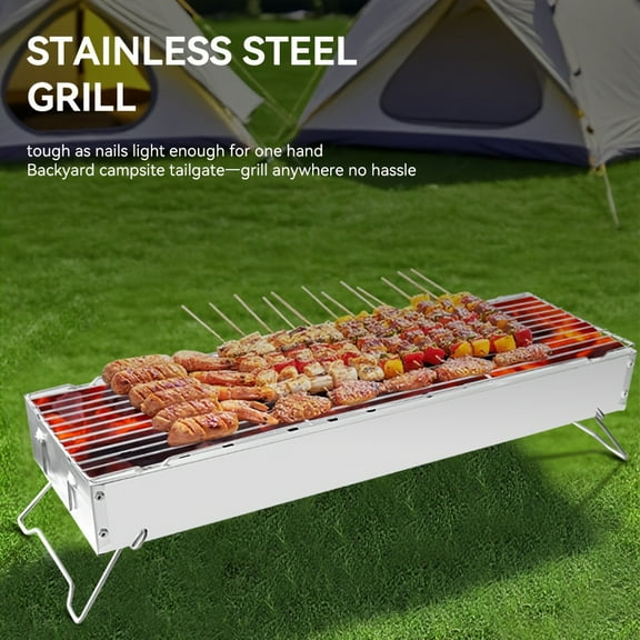 Heavy-Duty Stainless Steel Portable BBQ Grill, Large Cooking Surface Charcoal/Wood/Pellets Compatible for Backyard Camping Tailgating Beach, Rust-Resistant & Foldable Design