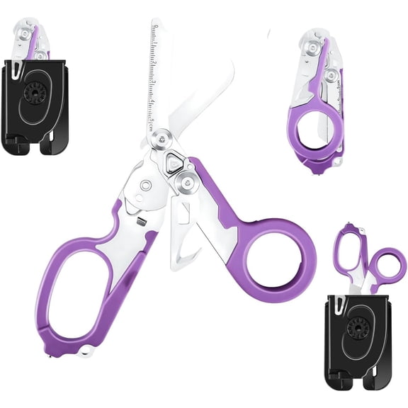 Heavy Duty Stainless Steel  Response Multi-Functional Trauma Shears - Foldable,  Shears With Holster - Purple