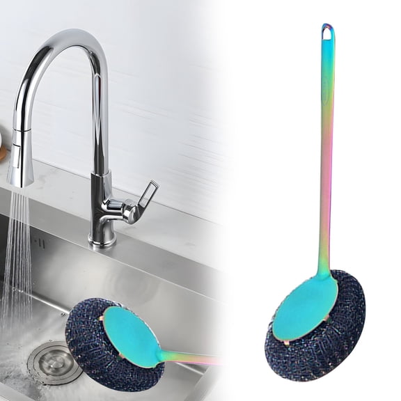 Heavy Duty Stainless Steel Scrubber Set - Long & Short Handle with 5 Steel Wool Pads, Cast Iron & Pot Scrubber for Dishes, Pans, Grills, Stoves