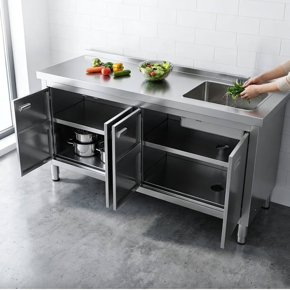 WWK Stainless Steel Utility Sink With Cabinet – Freestanding Commercial Kitchen Sink, 21D X 47W X 35H Inches, For Garage, Restaurant, Hotel & Cafe