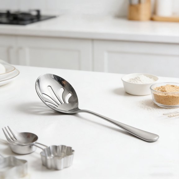 Heavy Duty Stainless Steel, Slotted Serving Spoon Set of 2, Efficient Drainage Kitchen Utensil, Polished Ergonomic Large Dish Server for Family Dining