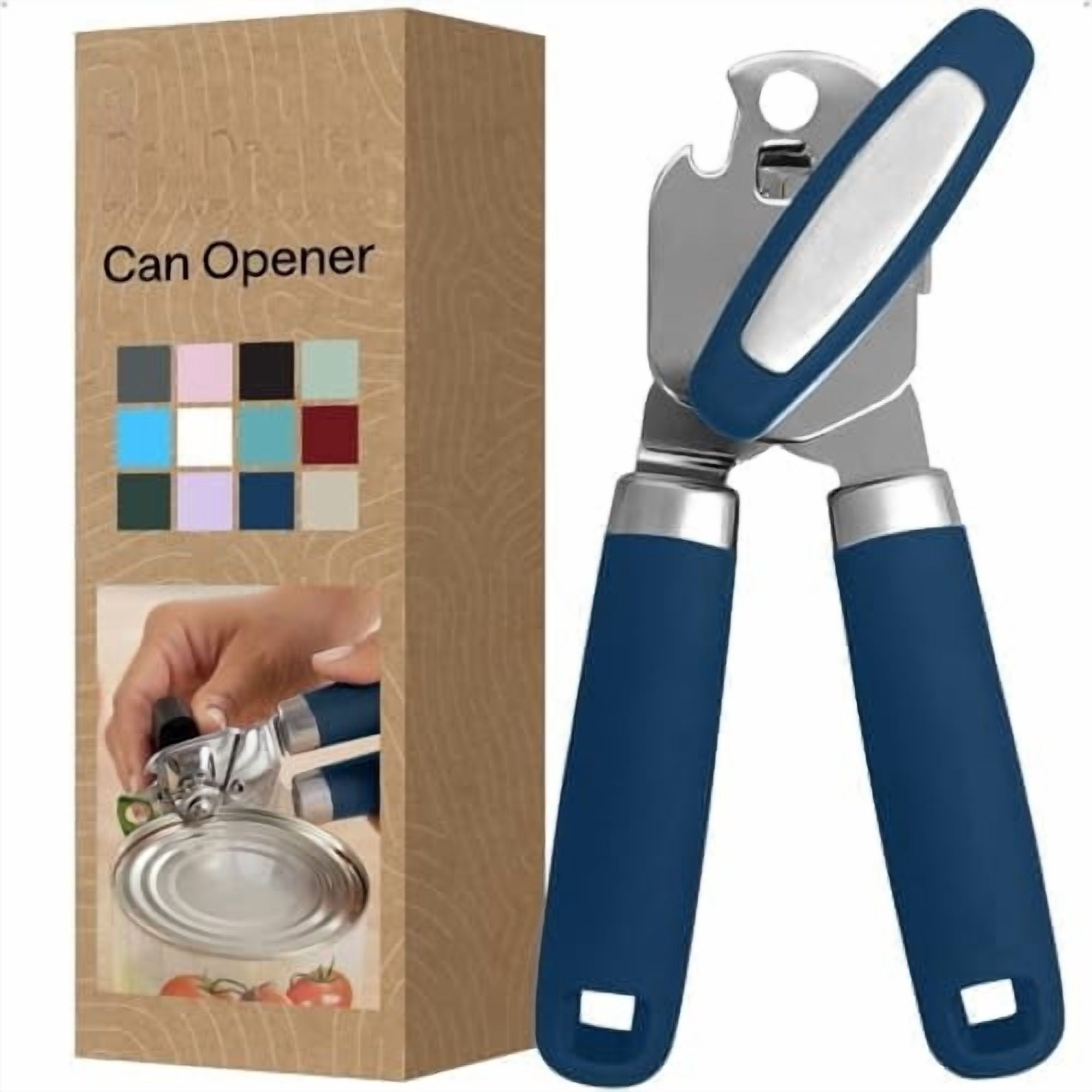 Heavy Duty Stainless Steel Smooth Edge Manual Can Opener and Bottle Openers, Soft Comfortable Handle, Oversized Handheld Turn Knob, US Designed Multifunctional Kitchen Tool, Blue