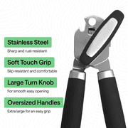 Heavy Duty Stainless Steel Smooth Edge Manual Can Opener and Bottle Openers, US Designed, Soft Comfortable Handle, Oversized Handheld Turn Knob, Multifunctional Kitchen Tool, Black