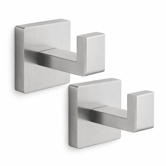 PLERISE Heavy Duty Stainless Steel Towel Hooks, Wall Mounted Square Robe Hooks for Bathroom Kitchen Bedroom, Brushed Nickel, 2 pack