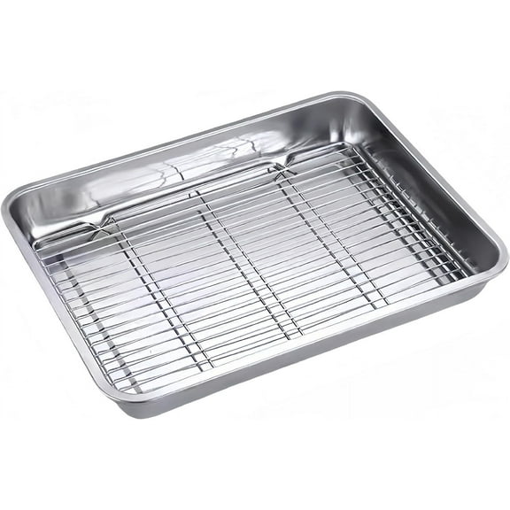 Heavy Duty Stainless Steel Turkey Roasting Pan for Oven Toaster Oven Tray with Cooling Rack Hotel Barbeque Grill Pan Deep Edge Mirror Treatment Dishwasher Safe 23.4x15.6x2.8 Inch