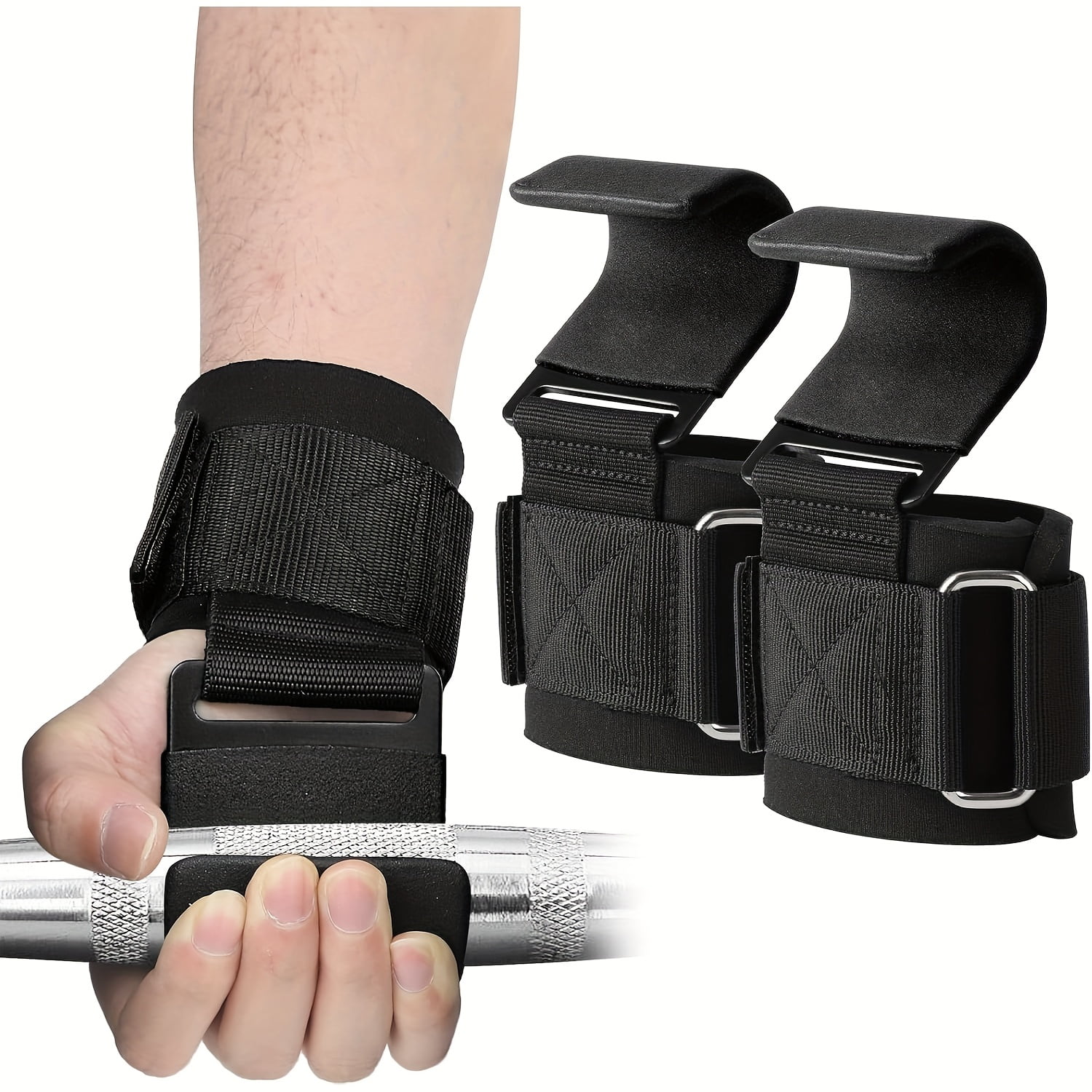 Heavy-Duty Stainless Steel Weightlifting Wrist Hooks - Adjustable Black Wrist Straps With Thick Neoprene Padding, Ergonomic Design For Pull-Ups, Deadlifts & Gym Training - Reduce Hand Fatigue