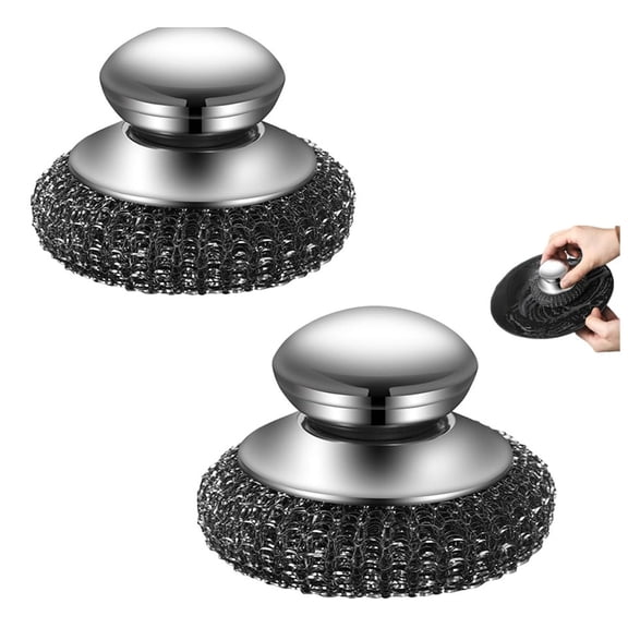 Heavy Duty Stainless Steel Wire Ball Dish Scrubber with Handle - Rust-Resistant Pot and Stove Cleaner (2 Pcs)