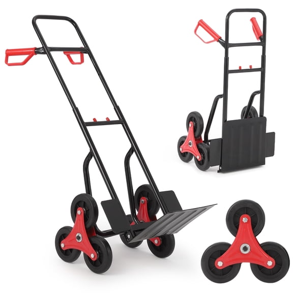 Heavy Duty Stair Climbing Hand Truck - 330 lbs Capacity - collapsible Iron Dolly Cart - 6 Rubber Wheels-Portable Trolley for Moving & Delivery - Black Body with Red Handle and Sides