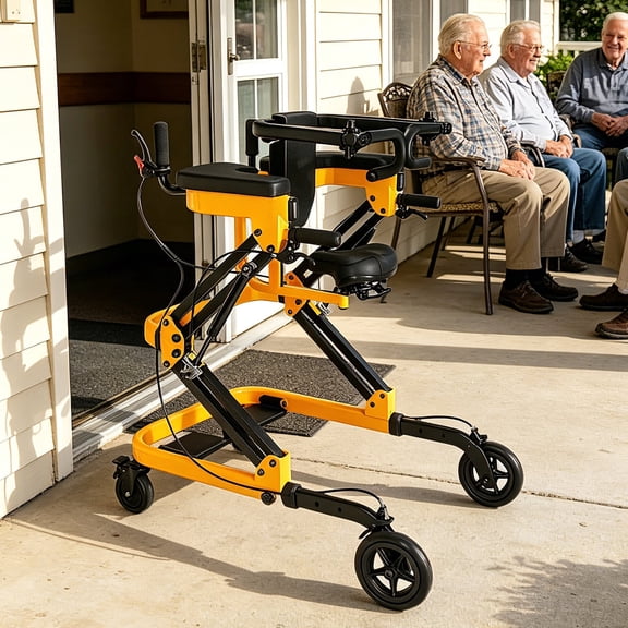Heavy Duty Standing Walker with Seat, Upright Walkers for Seniors with Armrest, Adjustable Rehabilitation Frame, Yellow without Leg Support, 67 lbs